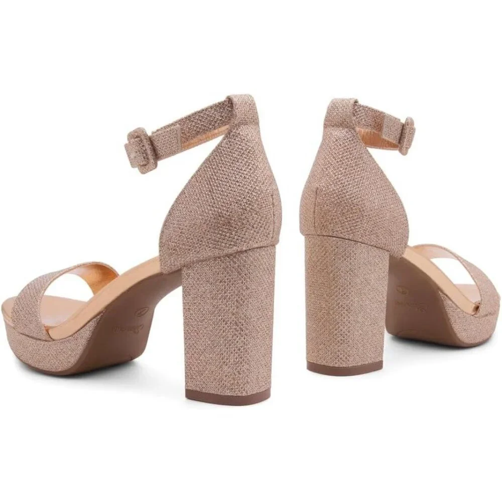 Women's Gold Chunky Block Ankle Strap Stylish Comfortable Open Toe Strappy Heel